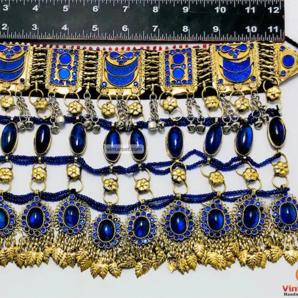 Blue Choker Necklace, Handmade Afghan Tribal Choker Necklace, Statement Boho - Picture 7 of 9
